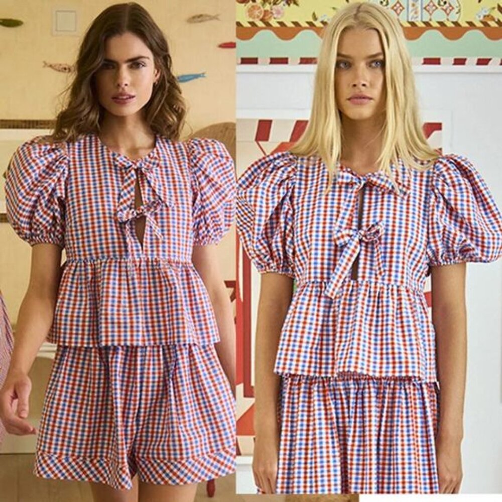 NEW Hunter Bell Gingham Peplum Bow Tie Front Top Multicolor Size: Extra Small